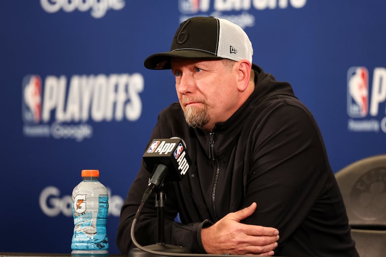Sixers head coach Nick Nurse speaks with reporters before Game 7 against the Boston Celtics on Saturday.