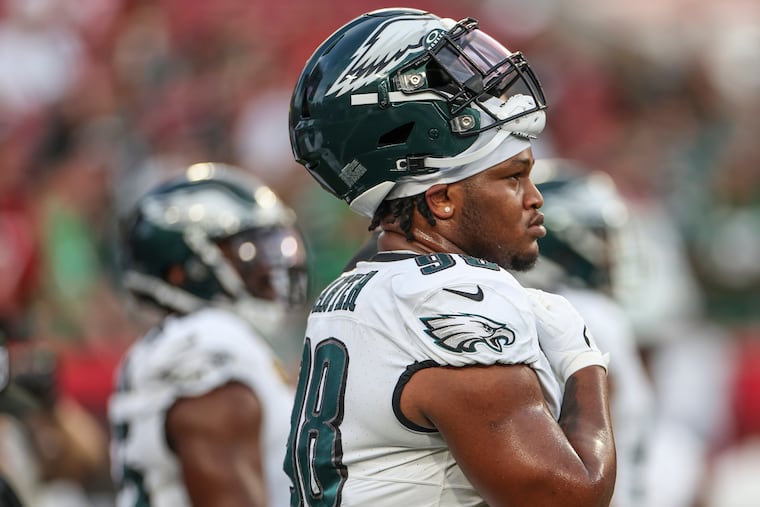 Eagles defensive tackle Jalen Carter during warmups before the team's 25-11 win against the Buccaneers in Tampa on Sept. 25.
