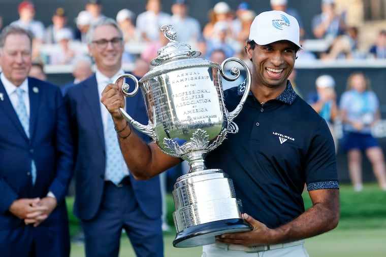 Aaron Rai wins the PGA Championship at Aronimink Golf Club on Sunday.