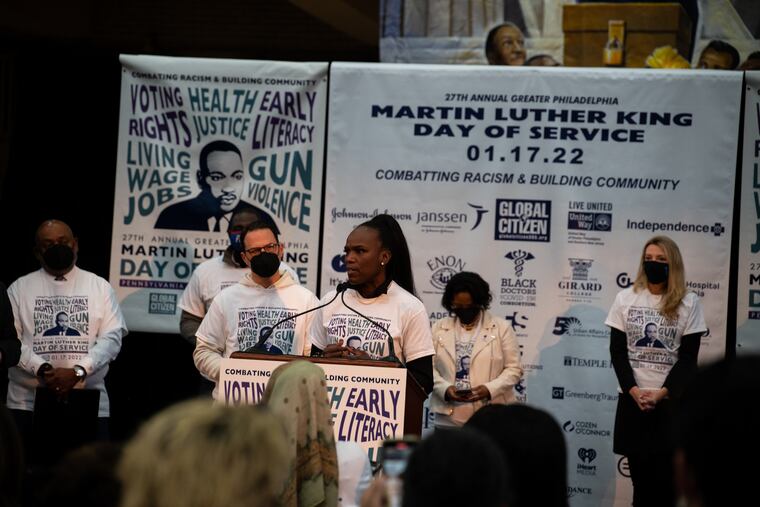 Ala Stanford, founder and CEO of the Black Doctors COVID-19 Consortium, speaks at the Greater Philadelphia King Day of Service at Girard College.