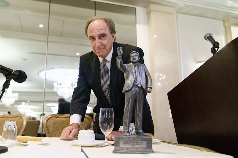 Temple University basketball coach Fran Dunphy shown here with the 2018 Dean Smith Award given to him by the U.S. Basketball Writers Association, at the Hilton Hotel in Philadelphia, November 1, 2018. As Philadelphia's six NCAA Division I men's basketball coaches and the American Cancer Society host the 7th annual preseason college basketball preview lunch.