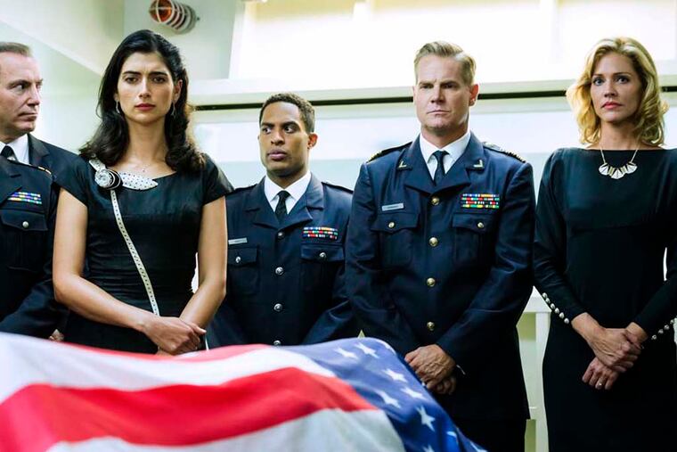 ASCENSION -- Episode 101-102 -- Pictured: (l-r) Ryan Robbins as Duke Vanderhaus, Al Sapienza as Councilman Rose, Tiffany Lonsdale as Emily Vanderhaus, Brandon Paul as Oren Gault, Brian Van Holt as Captain William Denninger, Tricia Helfer as Viondra Denninger -- (Photo by: Jan Thijs/Syfy)