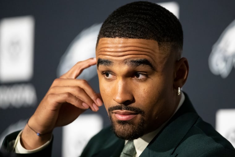 Eagles quarterback Jalen Hurts speaks during a news conference Monday at the NovaCare Complex. He and the team agreed to a five-year, $255 million contract extension earlier this month.