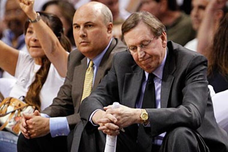 Sixers GM Ed Stefanski and president Rod Thorn watch as the Sixers lose in Game 5. (David Maialetti/Staff Photographer)