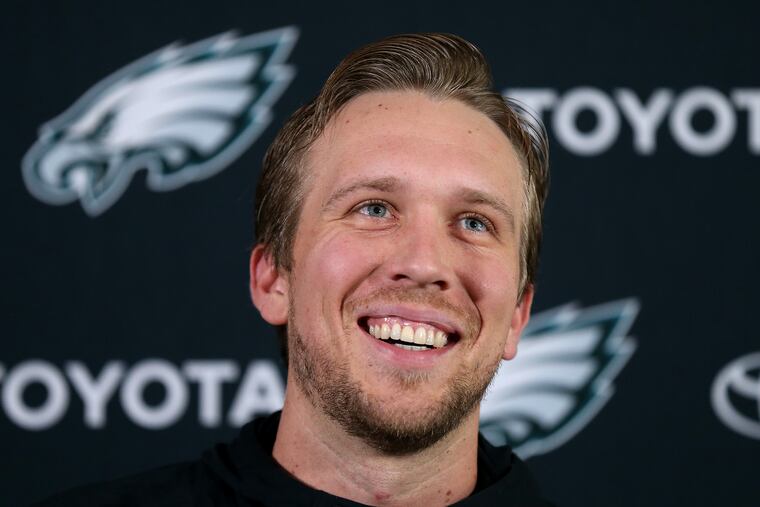 Nick Foles talks during his news conference at the NovaCare Complex in Philadelphia on April 24, 2018.