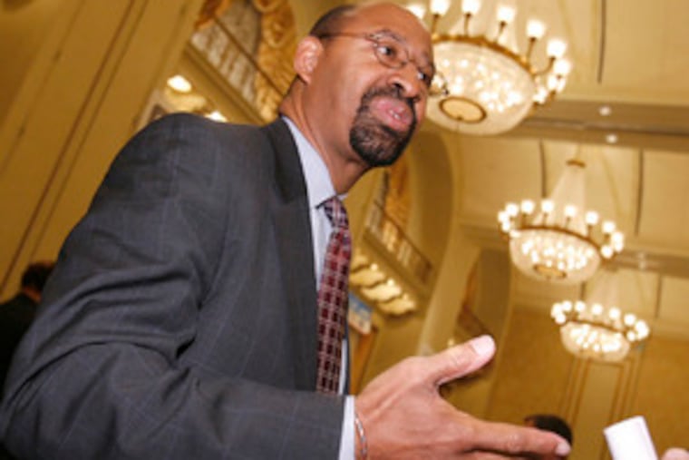 Michael Nutter at a forum of mayoral candidates on Thursday. The event was sponsored by the Greater Philadelphia Chamber of Commerce. Nutter resigned his City Council seat to run for mayor, as is required by the City Charter.
