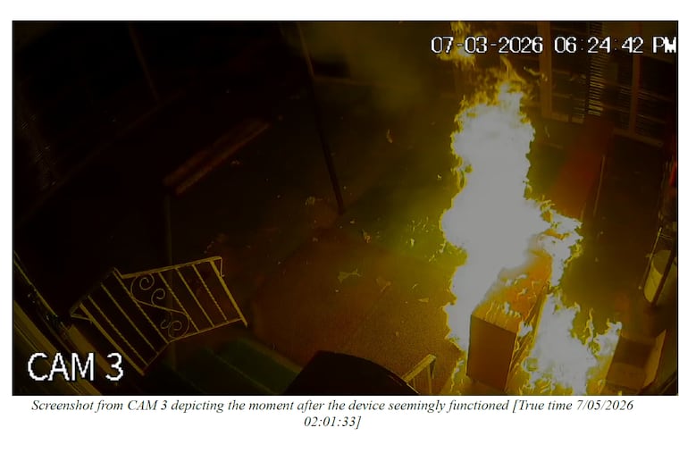 Image from security video of fire started by an incendiary device on July 5 at the Northeast Philadelphia Islamic Center.