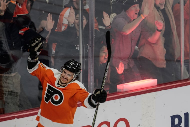 Flyers star Travis Konecny has 24 goals in 40 games this season. His 0.60 goals per game ranks 10th in the NHL.