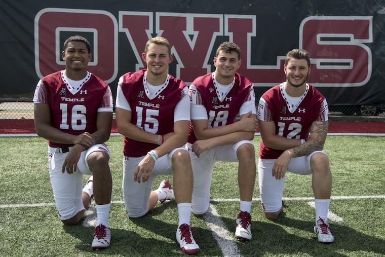 The four Temple quarterback prospects: (from left) Todd Centeio, Anthony Russo, Frank Nutile, and Logan Marchi.