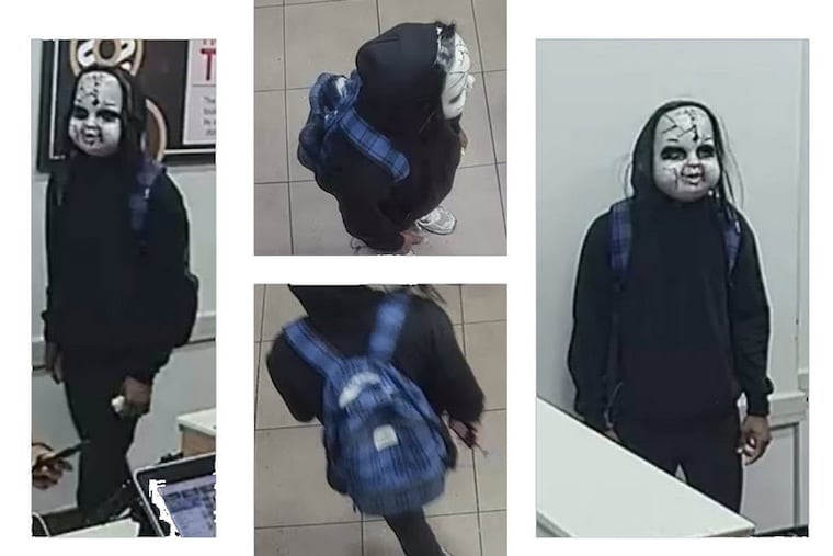 Police are searching for a man in a Chucky-style horror mask who is harassing Center City pedestrians.