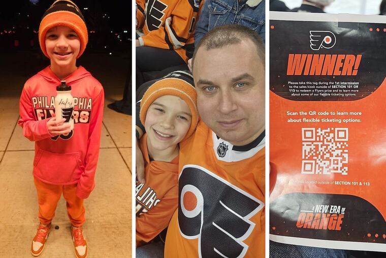 Daniel Trusk (left) with his signed Matvei Michkov water bottle, in his seats next to his father, Dane Alexander Trusk, and holding the ticket that won him the free water bottle.