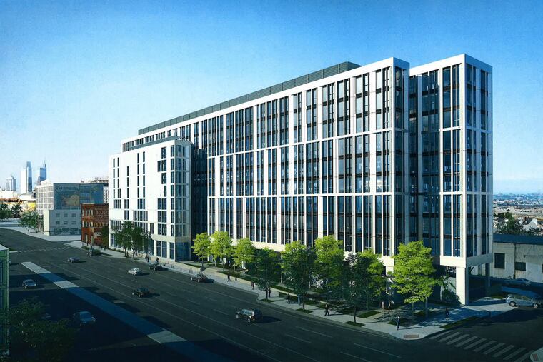 Artist's rendering of apartment building planned at 1100 N. Delaware Ave. beside the historic Edward Corner building, as seen looking southwest.