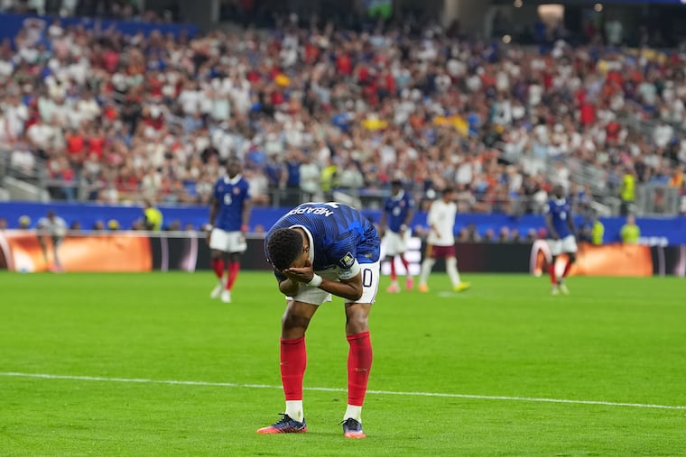 France's Kylian Mbappe reacts during a World Cup semifinal soccer loss to Spain on Tuesday.