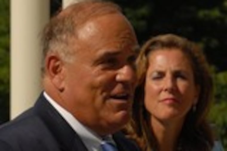 Gov. Rendell delivers an address on his energy strategy. Department of Environmental Protection Secretary Kathleen McGinty is in the background.