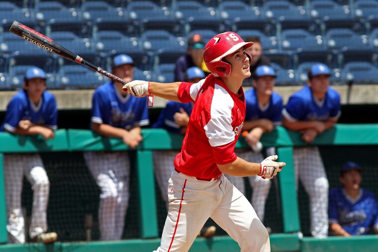 Souderton's Bill Norbeck hits an RBI single to score Joey Santone for the game-winning run in the sixth inning against Central Bucks South.