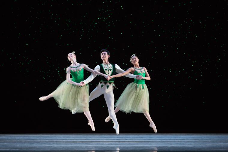 Pennsylvania Ballet dancers Jacqueline Callahan, Zecheng Liang, and Nayara Lopes in the Emeralds section of George Balanchine's "Jewels."