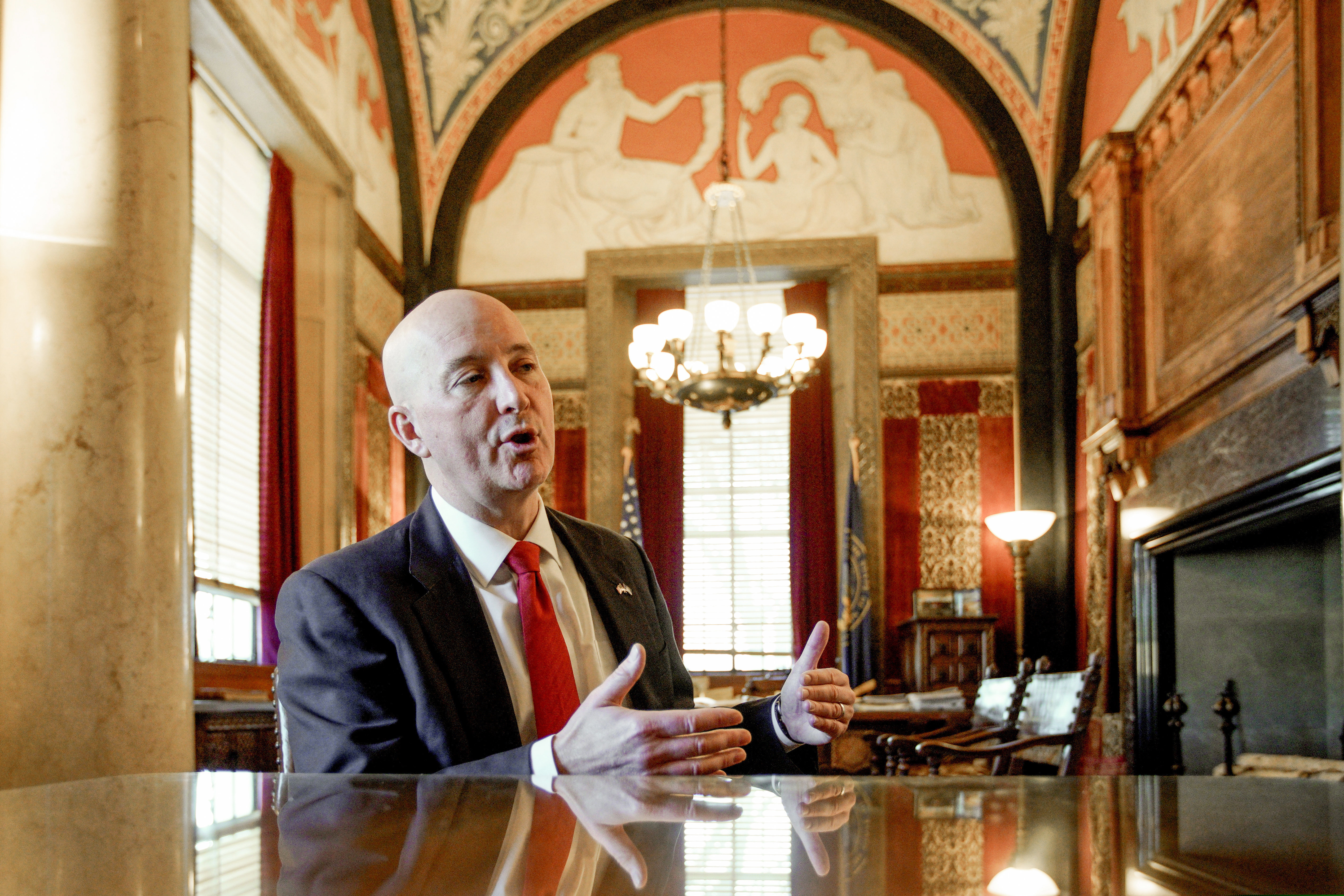 In this Jan. 3, 2019, file photo, Gov. Pete Ricketts speaks during an interview in his office in Lincoln, Neb.