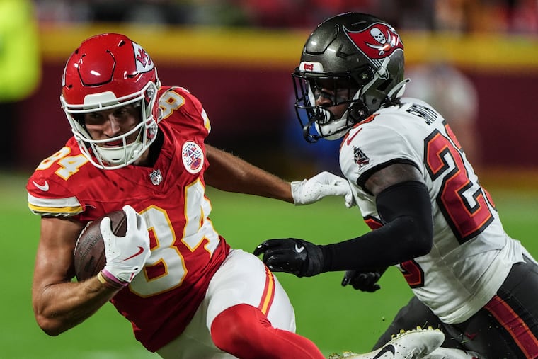 Tampa Bay Buccaneers safety Tykee Smith (23) pursues Chiefs wide receiver Justin Watson on Nov. 4.