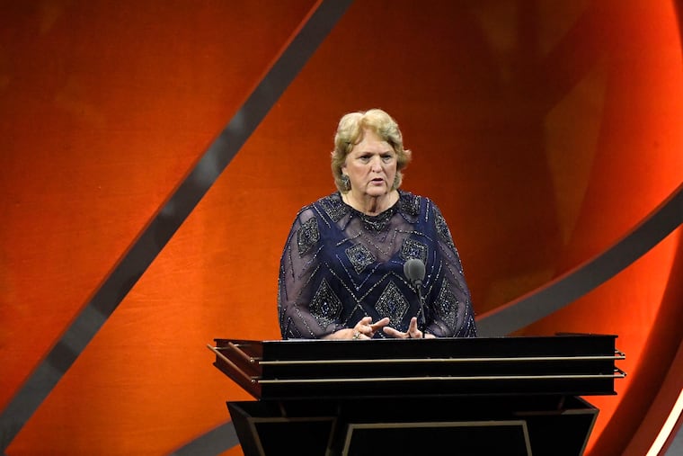 Theresa Grentz speaks during her enshrinement at the Basketball Hall of Fame on Saturday in Springfield, Mass.