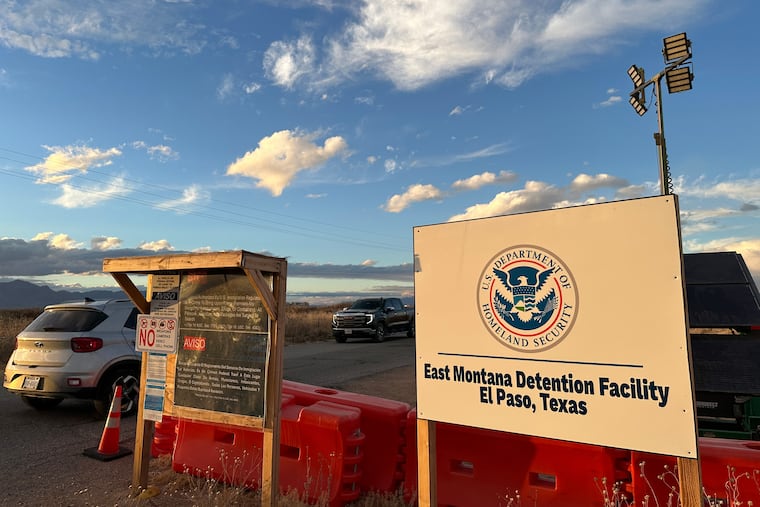 FILE - A sign marks the entrance to a series of hardened tents at the Camp East Montana immigrant detention center in the desert at a U.S. Army base on the outskirts of El Paso, Texas, Feb. 13, 2026.