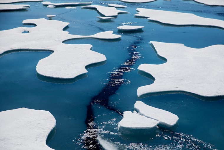 Sea ice breaks apart as the Finnish icebreaker MSV Nordica traverses the Northwest Passage through the Victoria Strait in the Canadian Arctic Archipelago in July 2017. Arctic ice continues to thin.
