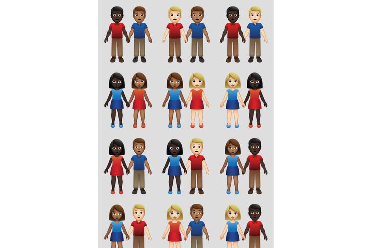 This undated illustration provided by Tinder/Emojination shows new variations of interracial emoji couples. In the world of emojis, interracial couples had virtually no options in terms of skin tone. But the emoji gods, otherwise known as the Unicode Consortium, recently rectified that, approving 71 new variations. Using six skin tones already available for one-person emojis, vendors such as Apple, Google, and Microsoft will now be able to offer couples of color. Additions are expected later this year. (Tinder/Emojination via AP)