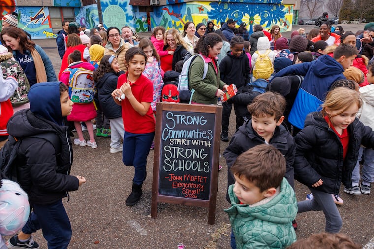 Students from Moffet Elementary at dismissal on Friday. Parents are fighting a school district recommendation to turn the K-5 school into a middle school for grades 5-8.