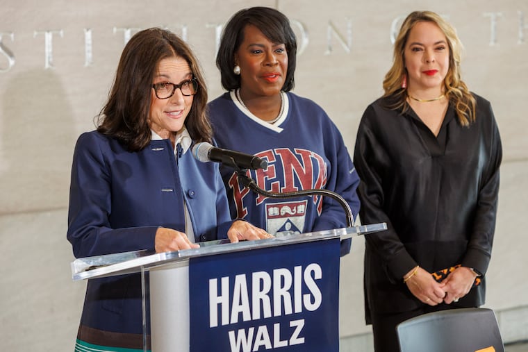 Olivia Troye (right) joined "Seinfeld" star Julia Louis-Dreyfus and Mayor Cherelle L. Parker at the National Constitution Center on the day before the 2024 election.