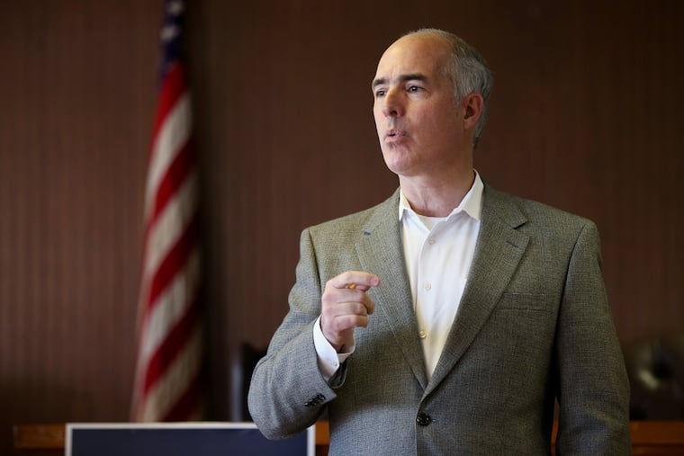 Sen. Bob Casey (D-Pa.) talks during a campaign stop at the Laborers Local 135 in Norristown, Pa., on Tuesday, Oct. 30, 2018.
