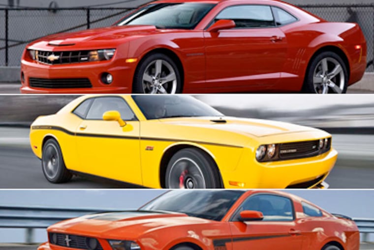 From top to bottom: 2012 Camaro 2SS, 2012 Challenger SRT8, 2012 Mustang Boss 302.
