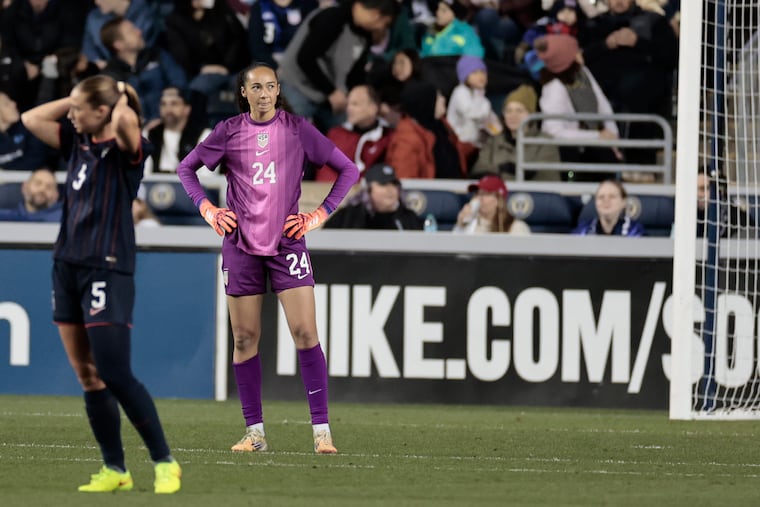 U.S. goalkeeper Phallon Tullis-Joyce (24) reacts after the first of Portugal's two goals scored on corner kicks on Thursday at Subaru Park. Portugal upset the U.S., 2-1.