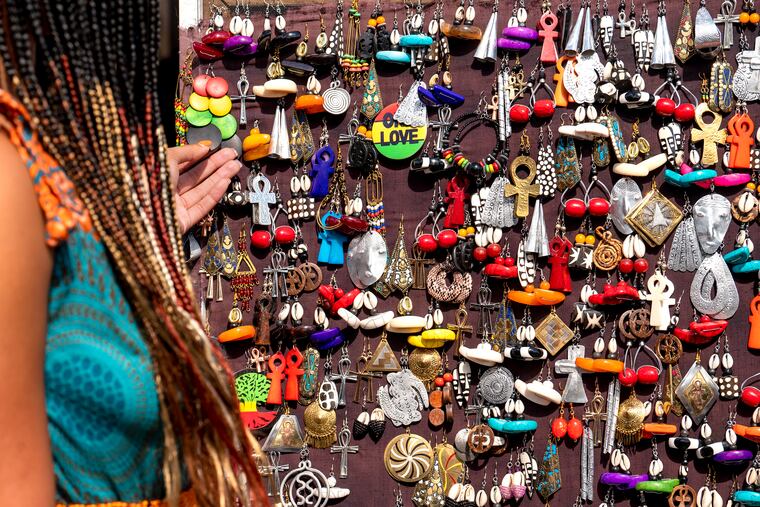 Earrings for sale on South Street during the annual Odunde Festival on June 12, 2022, bringing a taste of Africa to one of Philadelphia's oldest, historically African American neighborhood.