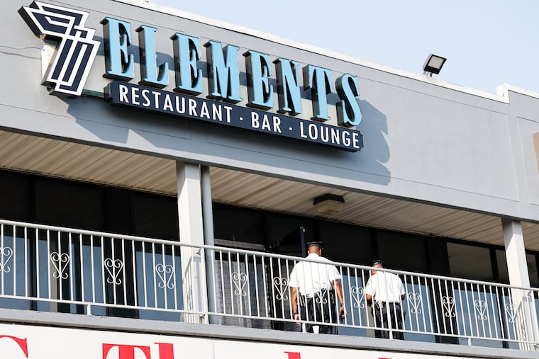 Philadelphia police stand outside the 7 Elements lounge in South Philadelphia after eight people were shot on July 5.