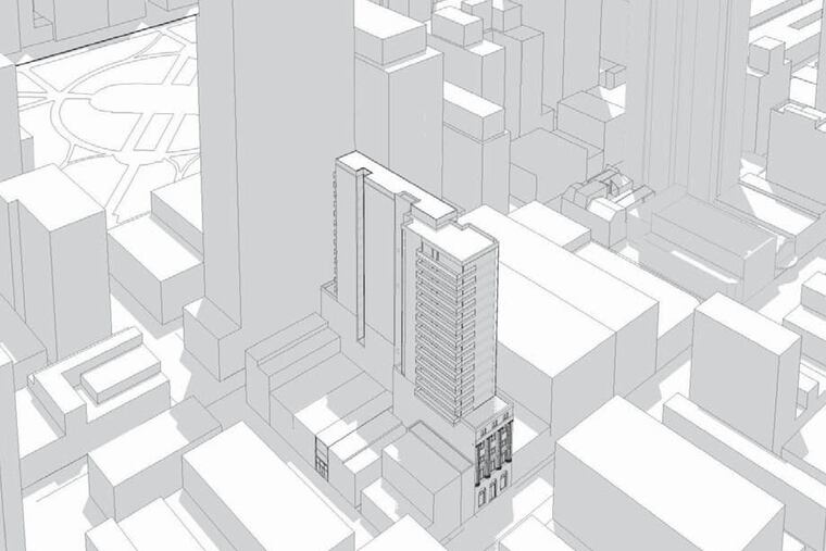 Artist's rendering of plans for condo tower incorporating the Freeman's auction building near Rittenhouse Square.