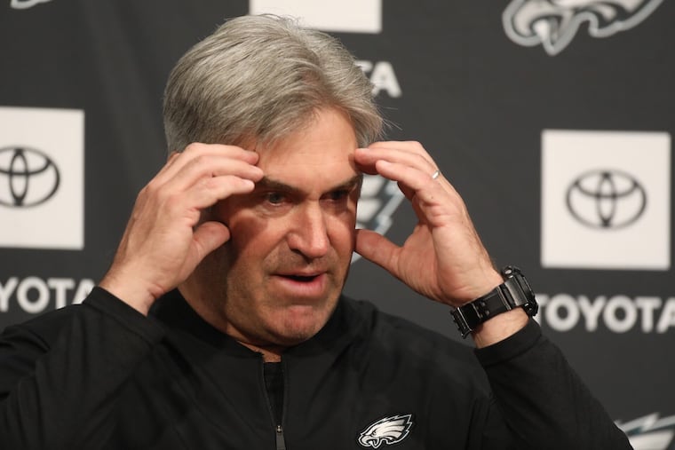 Eagles coach Doug Pederson talks about rookie minicamp at a press conference Friday.