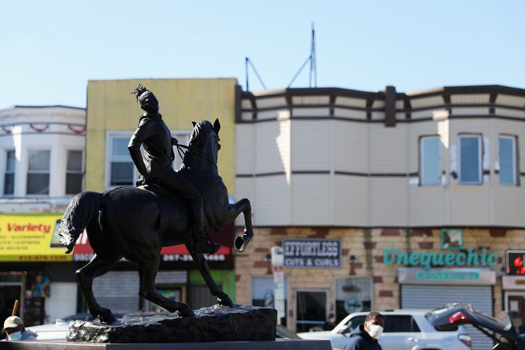 One of the statues in artist Kehinde Wiley's "Rumors of War" series is now on temporary display at 52nd and Locust Streets in West Philadelphia as part of a touring exhibition by Kindred Arts and Little Giant Creative.