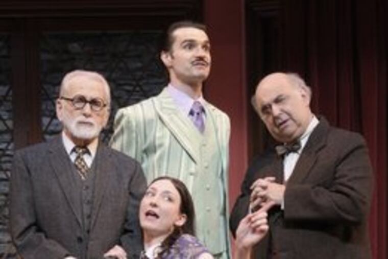 "Hysteria" stars (from left) Alvin Epstein as Sigmund Freud, Mary McCool as Jessica, Matthew Floyd Miller as Salvador Dalí, and Merwin Goldsmith as Dr. Yahuda.