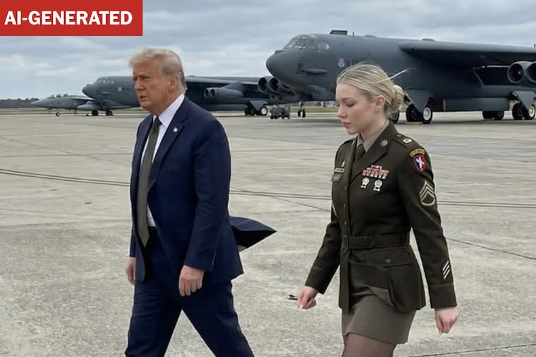 In this AI-generated photo on her Instagram account, Jessica Foster, a fictional person, is seen with President Donald Trump on a tarmac.