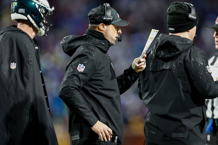 Eagles offensive coordinator Kevin Patullo on the sideline during the game against the Buffalo Bills on Sunday.