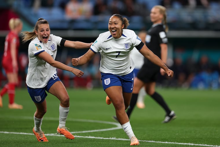 England's Lauren James (right) celebrates a first-half goal with Ella Toone. It was James' first start in a major tournament.