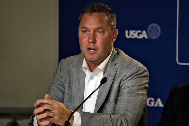 FILE - In this May 6, 2015, file photo, LPGA commissioner Mike Whan speaks during a press conference at The Players Championship golf tournament in Ponte Vedra Beach, Fla. Mike Whan spent 11 years rebuilding the LPGA Tour to be strong enough to survive a pandemic. His next job is to keep the USGA at the forefront of golf in rapidly changing times. The USGA announced Wednesday, Feb. 17, 2021, it has hired Whan as its next CEO, making him the eighth top executive in its 127-year history.(AP Photo/Chris O'Meara, File)