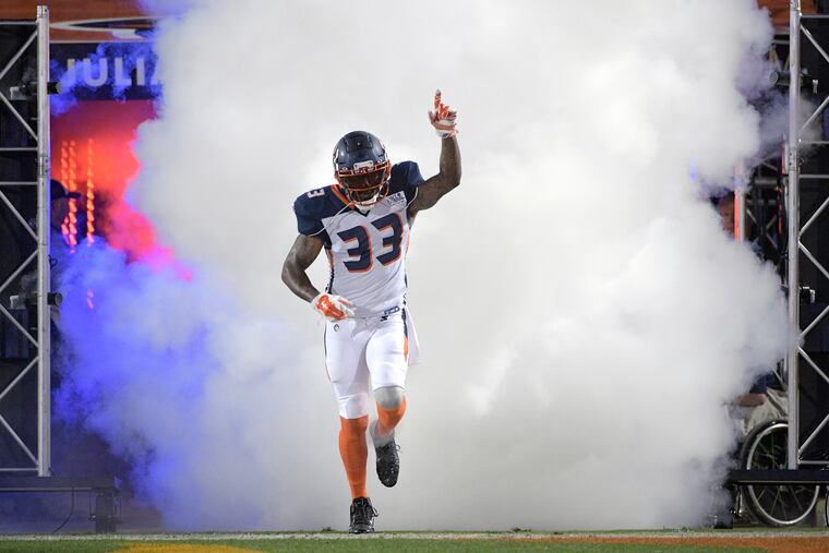 Orlando Apollos safety Will Hill III runs onto the field during player introductions for the team's Alliance of American Football game against the Atlanta Legends on Saturday, Feb. 9.