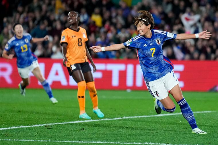 Japan's Hinata Miyazawa reacts after scoring her team's first goal during the Women's World Cup Group C soccer match between Zambia and Japan in Hamilton, New Zealand, Saturday, July 22, 2023. (AP Photo/John Cowpland)