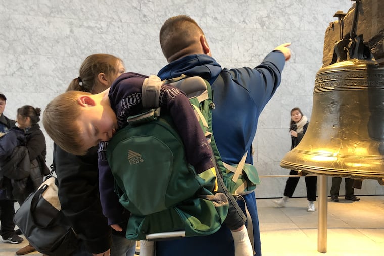 Orion Myers of Columbus, Ohio, probably won't remember seeing the Liberty Bell up close Friday, Dec. 28, with his parents, Katie and Matt Myers. That’s because Orion, who turns 2 on Monday, Dec. 31, slept through the entire visit. The Liberty Bell center, which had been closed because of the federal government's partial shutdown, will remain open for the weekend.
