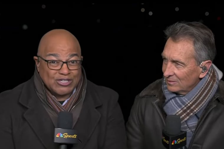 NBC "Sunday Night Football" announcer Mike Tirico (left) seen here alongside Cris Collinsworth, will call Eagles-Rams Sunday.