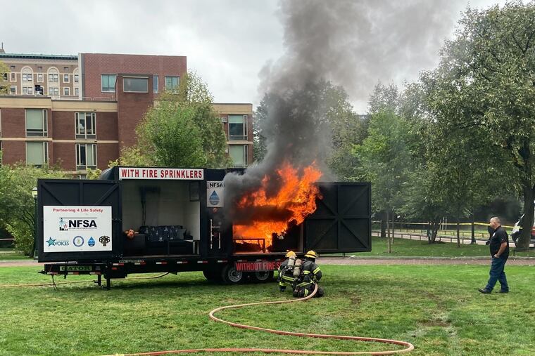 A Philadelphia Fire Department demonstration on the effectiveness of sprinklers to suppress house fires.