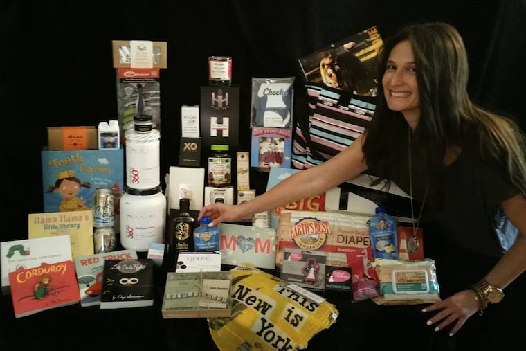 Rachael Honowitz Cosgrove and an example of her gift bag bounty for the 2017 top celebrity moms.