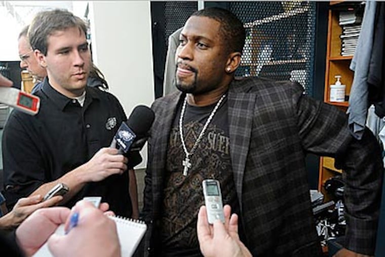 Sheldon Brown talked to reporters before clearing out his locker at the NovaCare Center. (Sarah J. Glover/Staff Photographer)