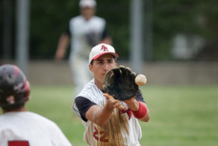 North Catholic's Bob Hopkins (7) heads for second base and safety, as the throw to Ryan's Nick Ferdinand will be dropped.