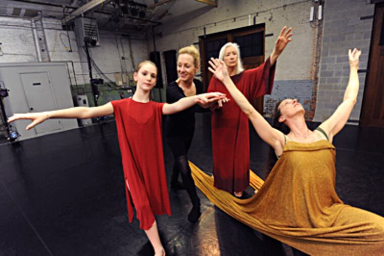 At the Performance Garage, Jeanne Ruddy (second from left) works with (from left) Sophia Davis, Birgitta Herrmann, and Christine Taylor. Among Ruddy’s plans are outside choreographic projects, teaching, writing, and a long trip to China with her husband. APRIL SAUL / Staff Photographer